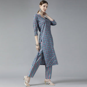 Grey Printed Pure Cotton Kurti Pant Set with Dupatta