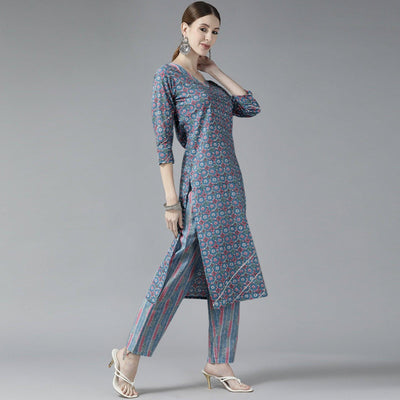 Grey Printed Pure Cotton Kurti Pant Set with Dupatta