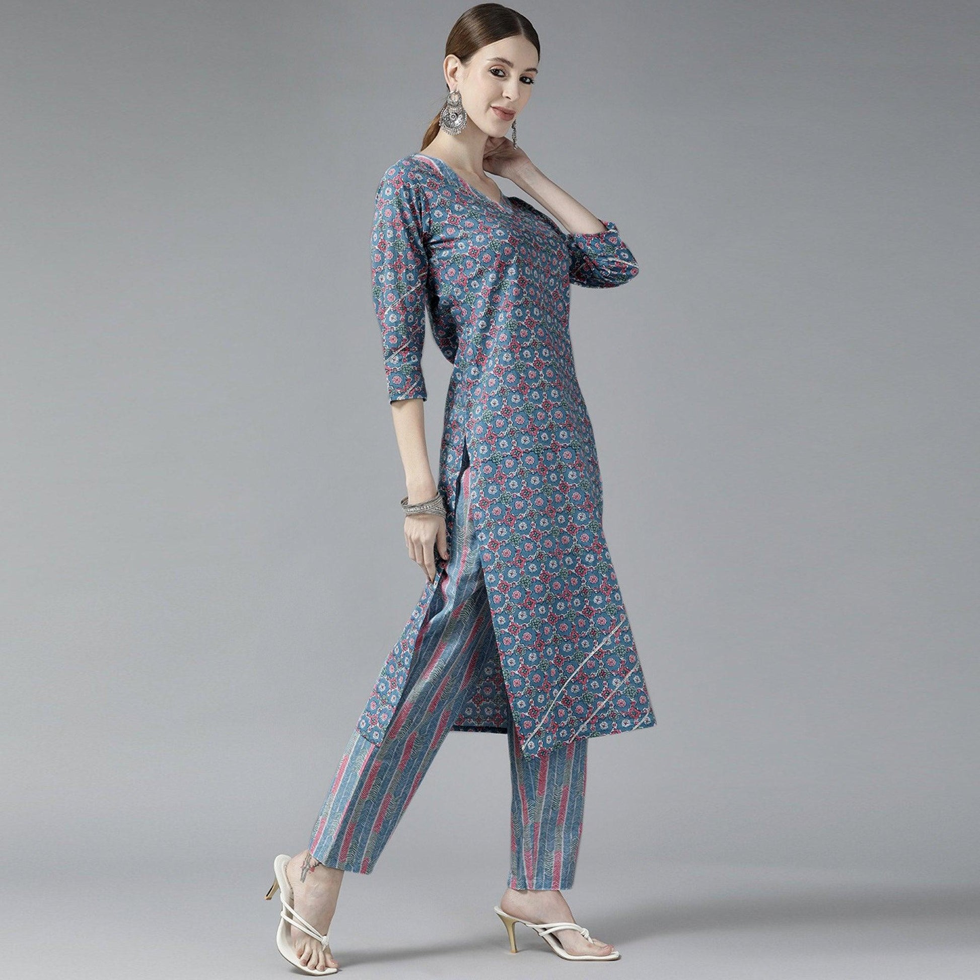 Grey Printed Pure Cotton Kurti Pant Set with Dupatta