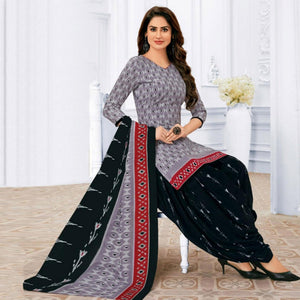Grey Printed Pure Cotton Patiala Dress Material