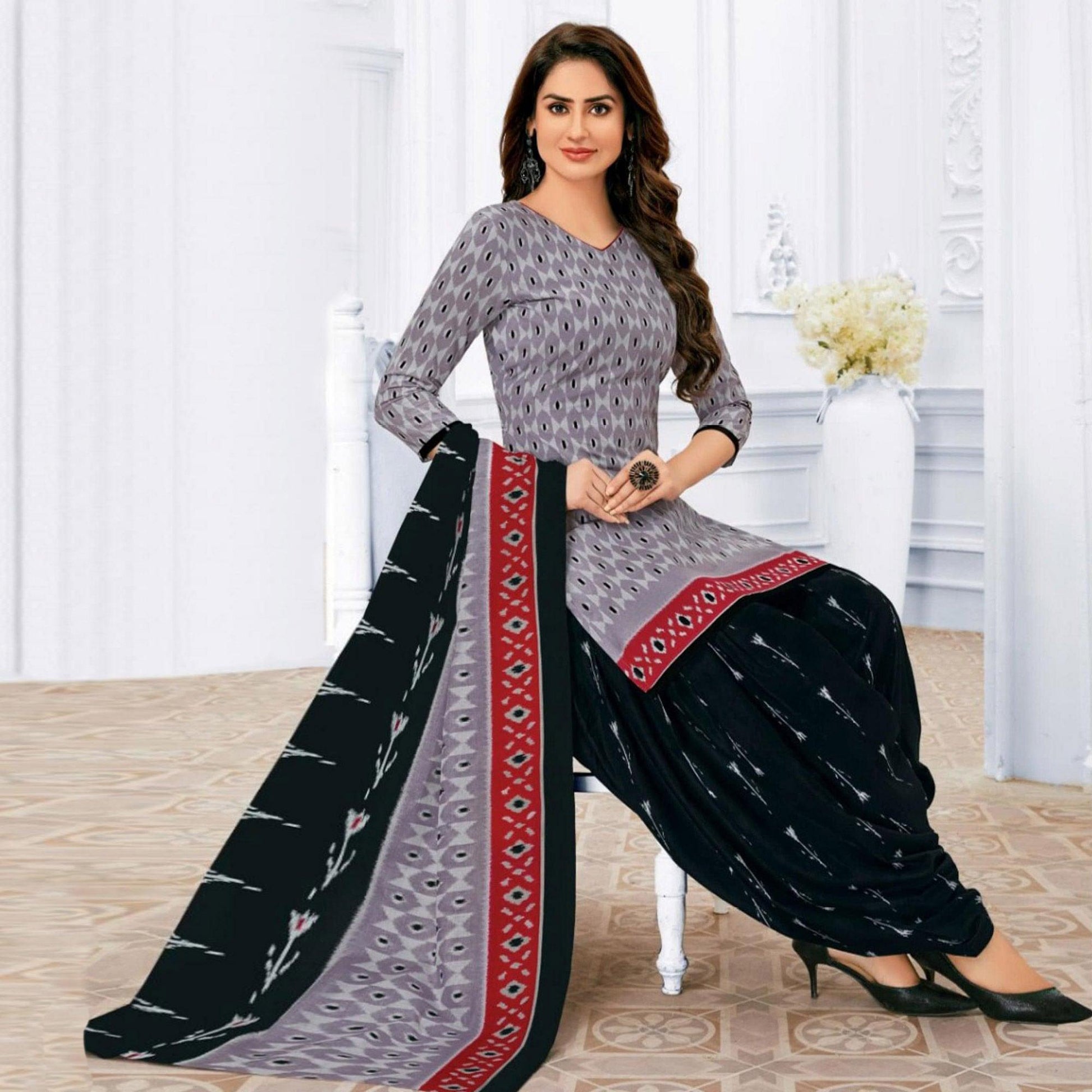 Grey Printed Pure Cotton Patiala Dress Material