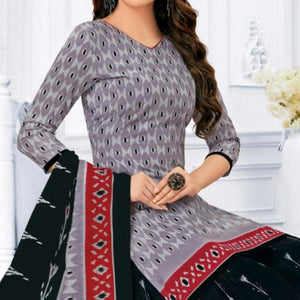 Grey Printed Pure Cotton Patiala Dress Material