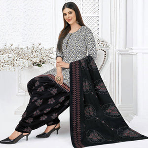 Grey Printed Pure Cotton Stitched Patiala Suit