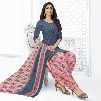 Grey Printed Pure Cotton Stitched Patiala Suit