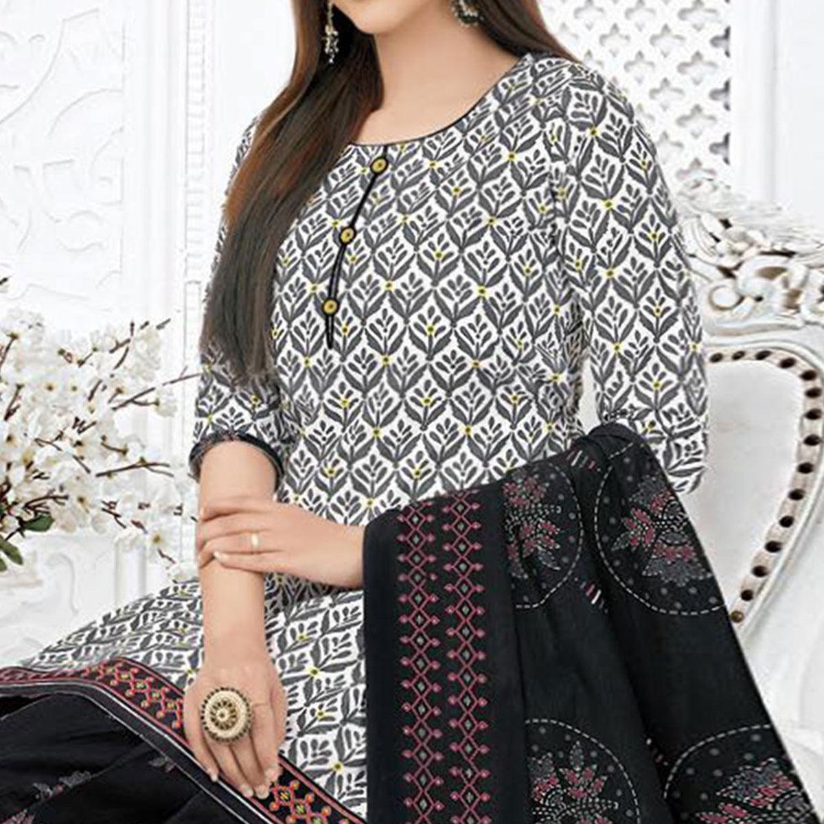 Grey Printed Pure Cotton Stitched Patiala Suit