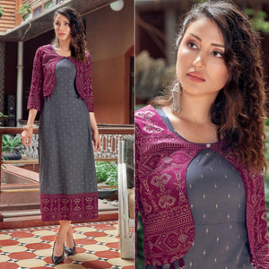 Grey Printed Rayon Anarkali Kurti