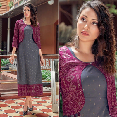 Grey Printed Rayon Anarkali Kurti