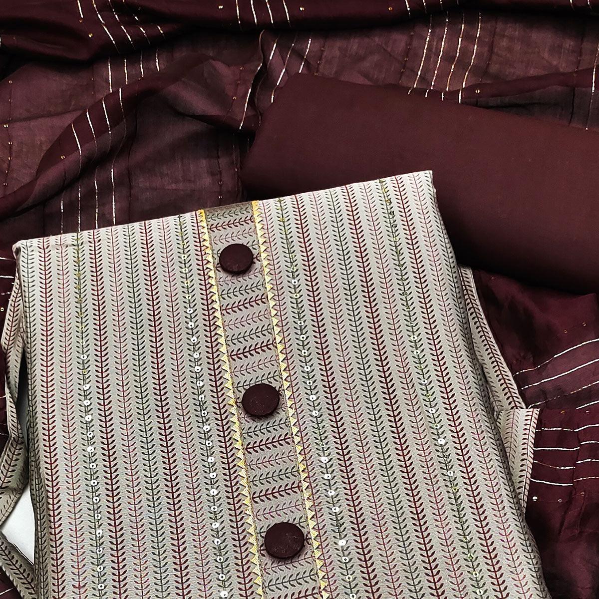 Grey Printed-Sequins Work Muslin Dress Material