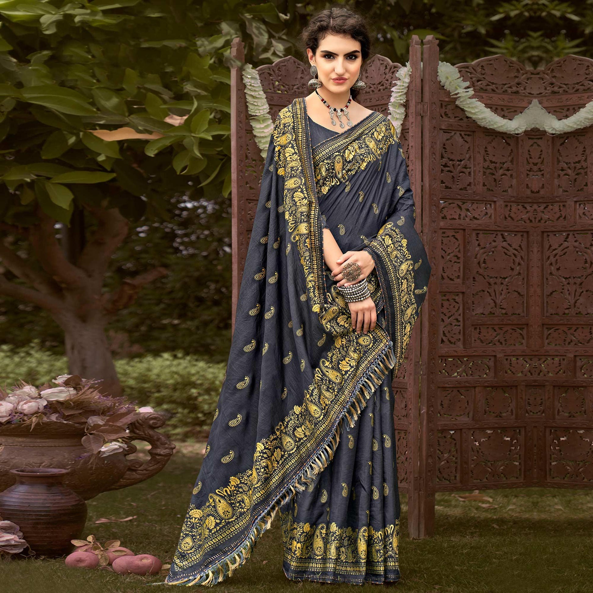 Grey Printed Vichitra Silk Saree With Tassels