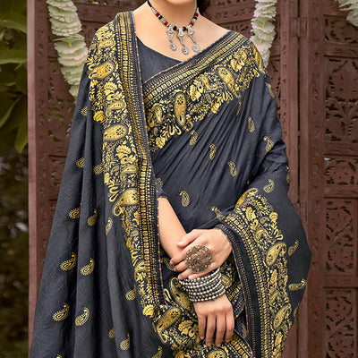 Grey Printed Vichitra Silk Saree With Tassels