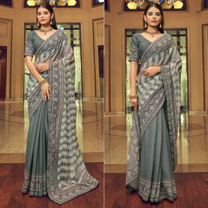 Grey Printed With Embellished Georgette Half and Half Saree