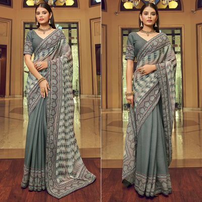 Grey Printed With Embellished Georgette Half and Half Saree