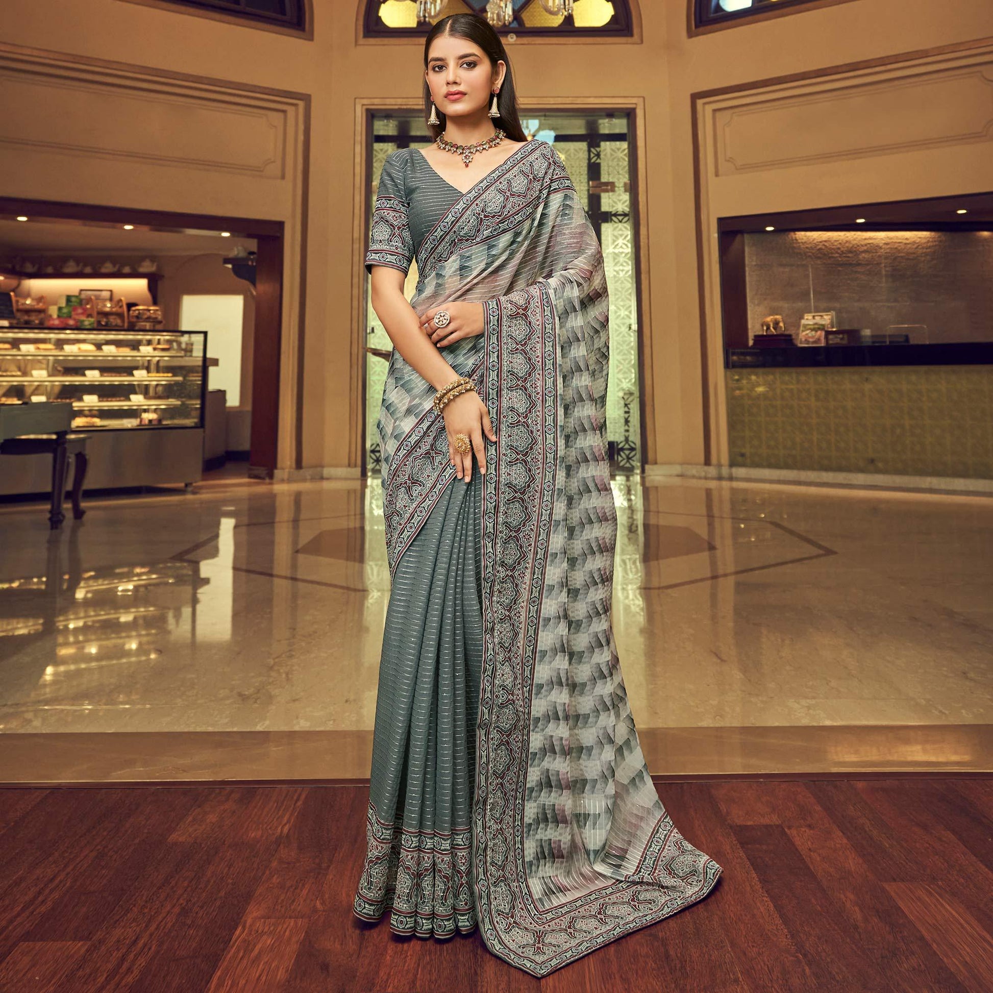 Grey Printed With Embellished Georgette Half and Half Saree