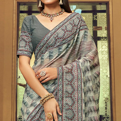 Grey Printed With Embellished Georgette Half and Half Saree