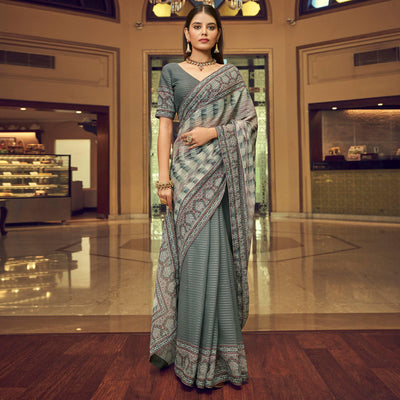 Grey Printed With Embellished Georgette Half and Half Saree