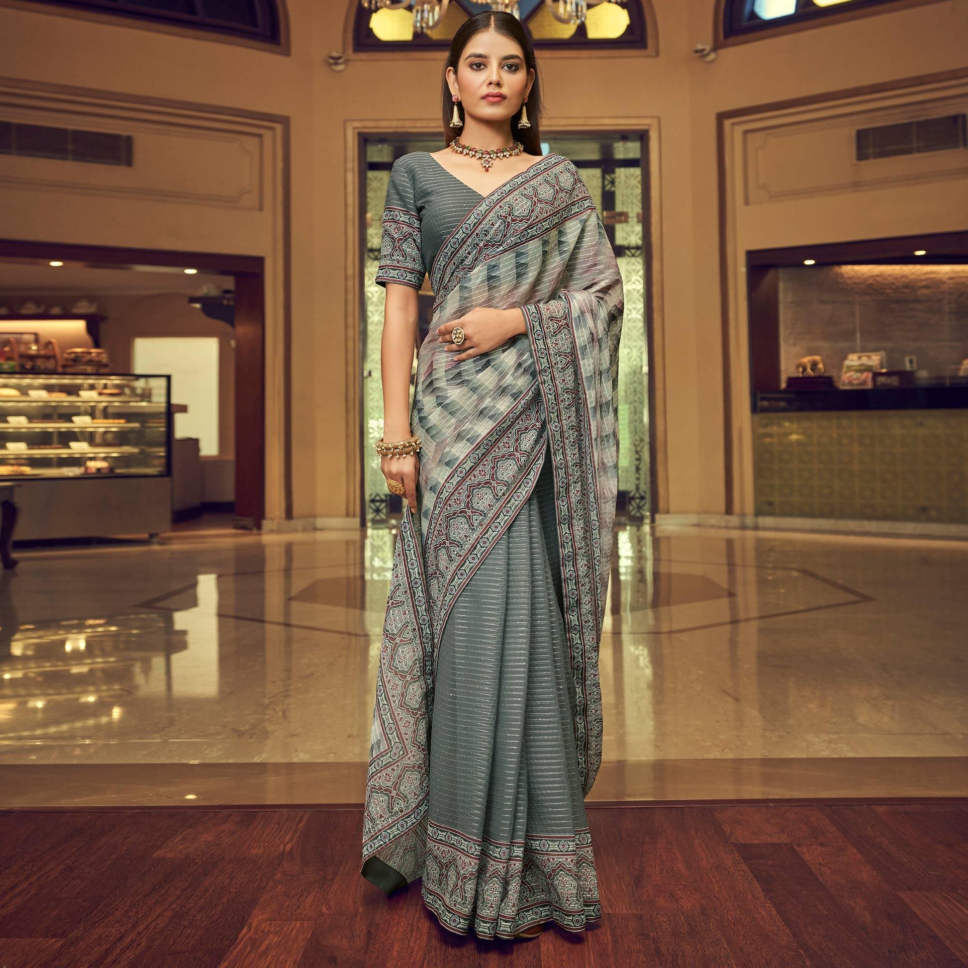 Grey Printed With Embellished Georgette Half and Half Saree