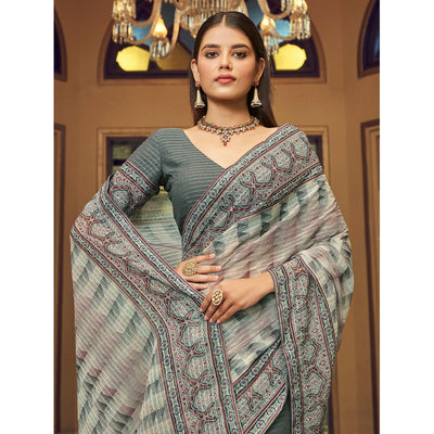 Grey Printed With Embellished Georgette Half and Half Saree