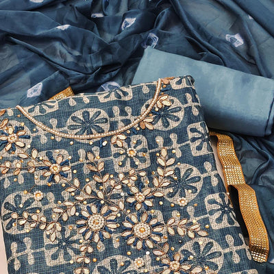 Grey Printed With Embellished Khaadi Dress Material