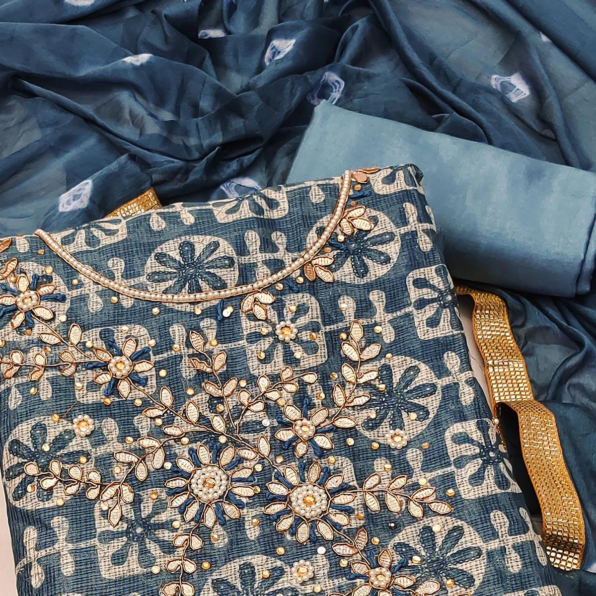 Grey Printed With Embellished Khaadi Dress Material