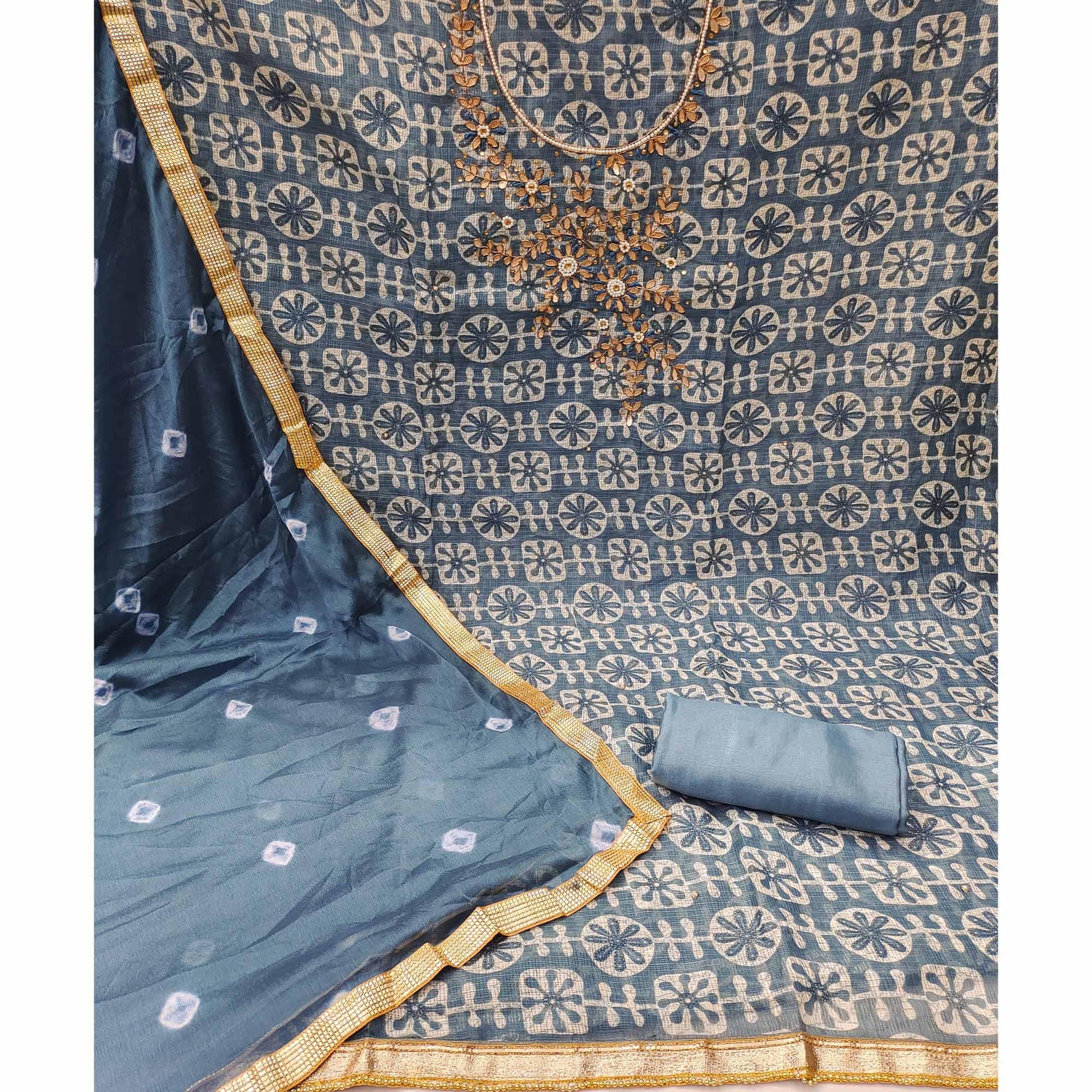 Grey Printed With Embellished Khaadi Dress Material
