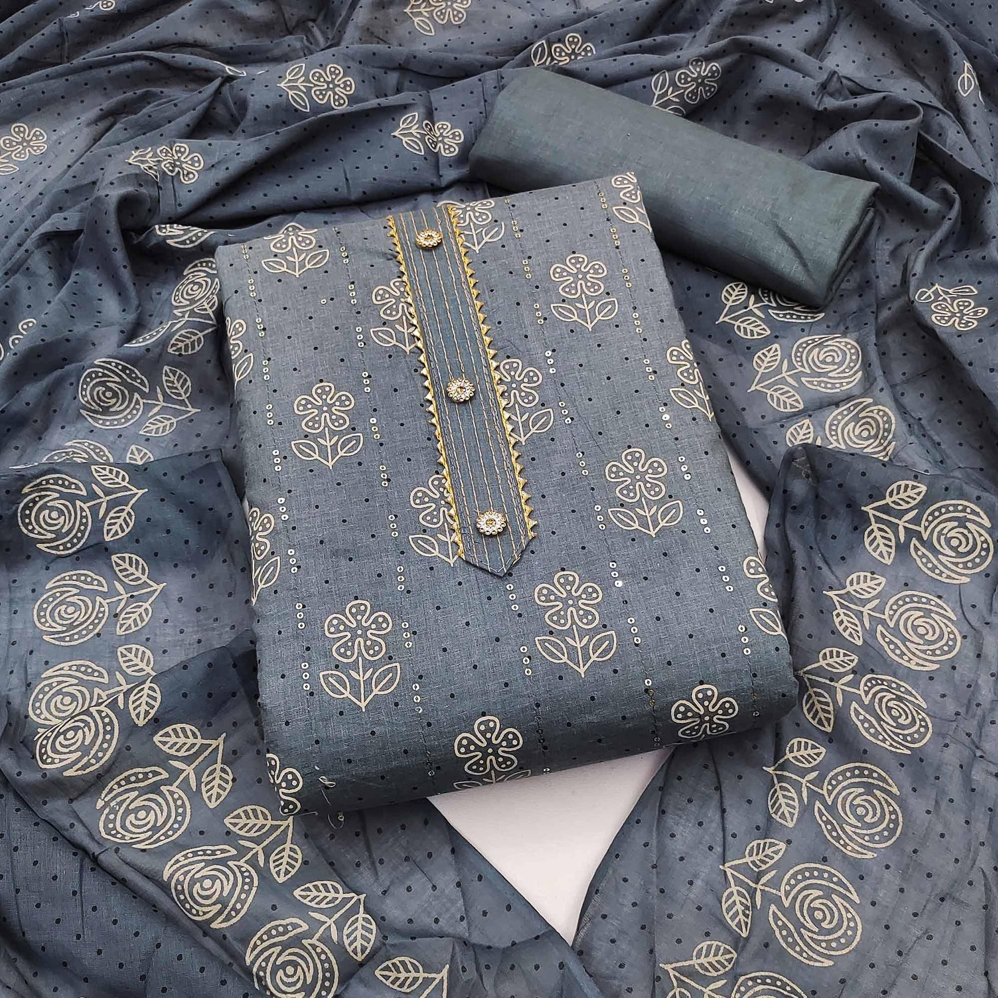 Grey Printed With Embellished Pure Cotton Dress Material