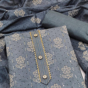 Grey Printed With Embellished Pure Cotton Dress Material