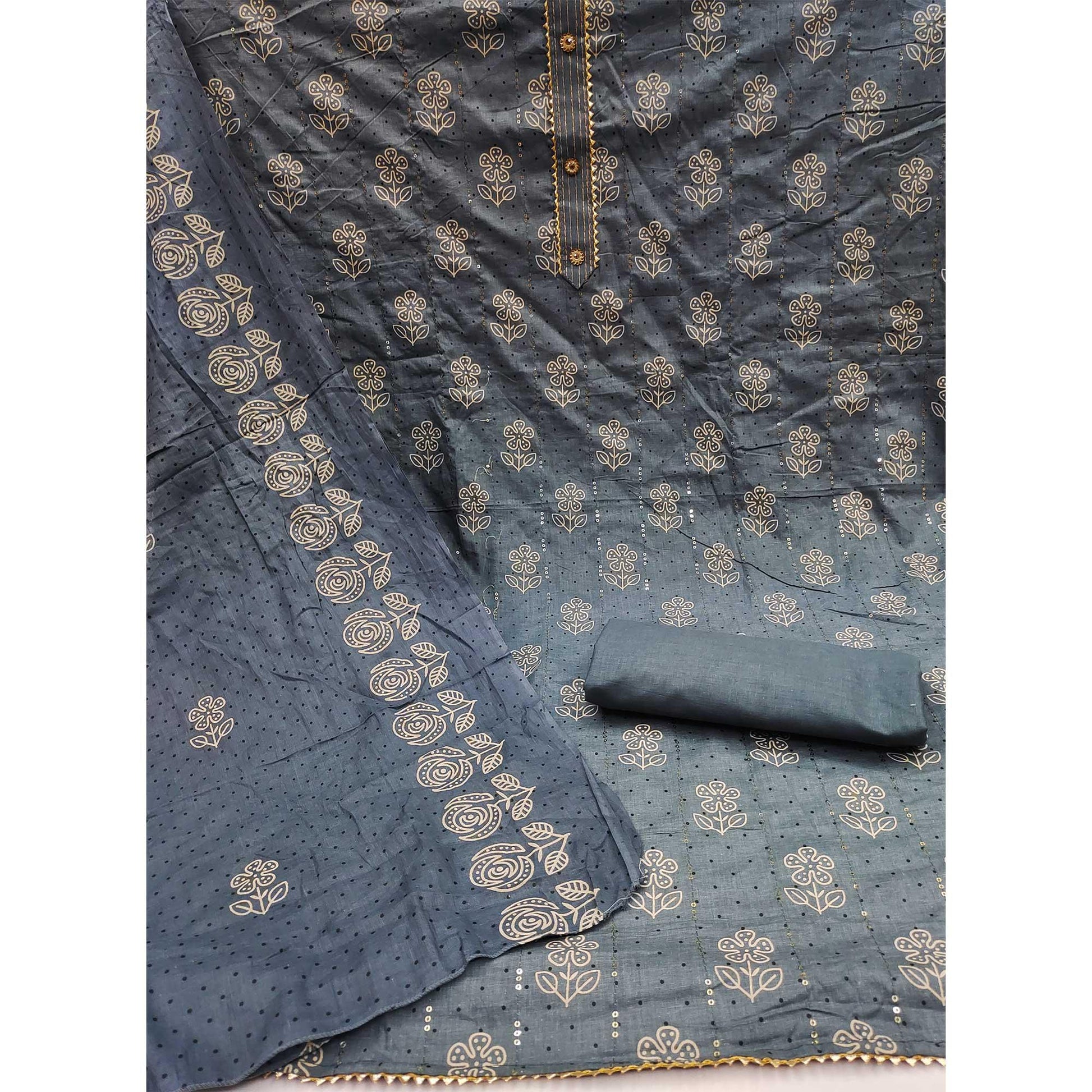 Grey Printed With Embellished Pure Cotton Dress Material