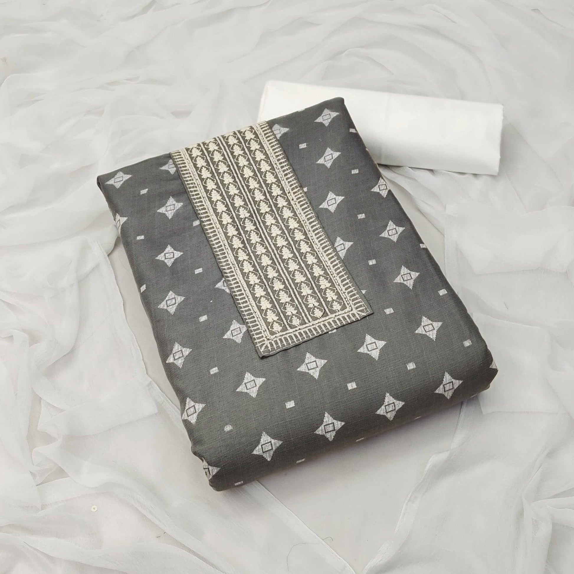 Grey Printed With Embroidered Cotton Blend Dress Material