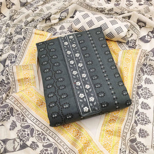 Grey Printed With Embroidered Cotton Blend Dress Material