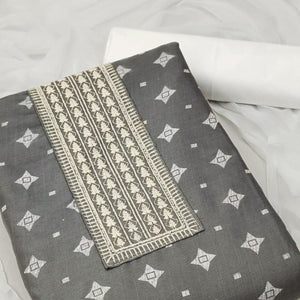 Grey Printed With Embroidered Cotton Blend Dress Material
