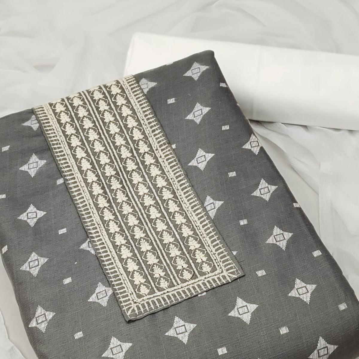 Grey Printed With Embroidered Cotton Blend Dress Material