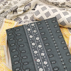 Grey Printed With Embroidered Cotton Blend Dress Material