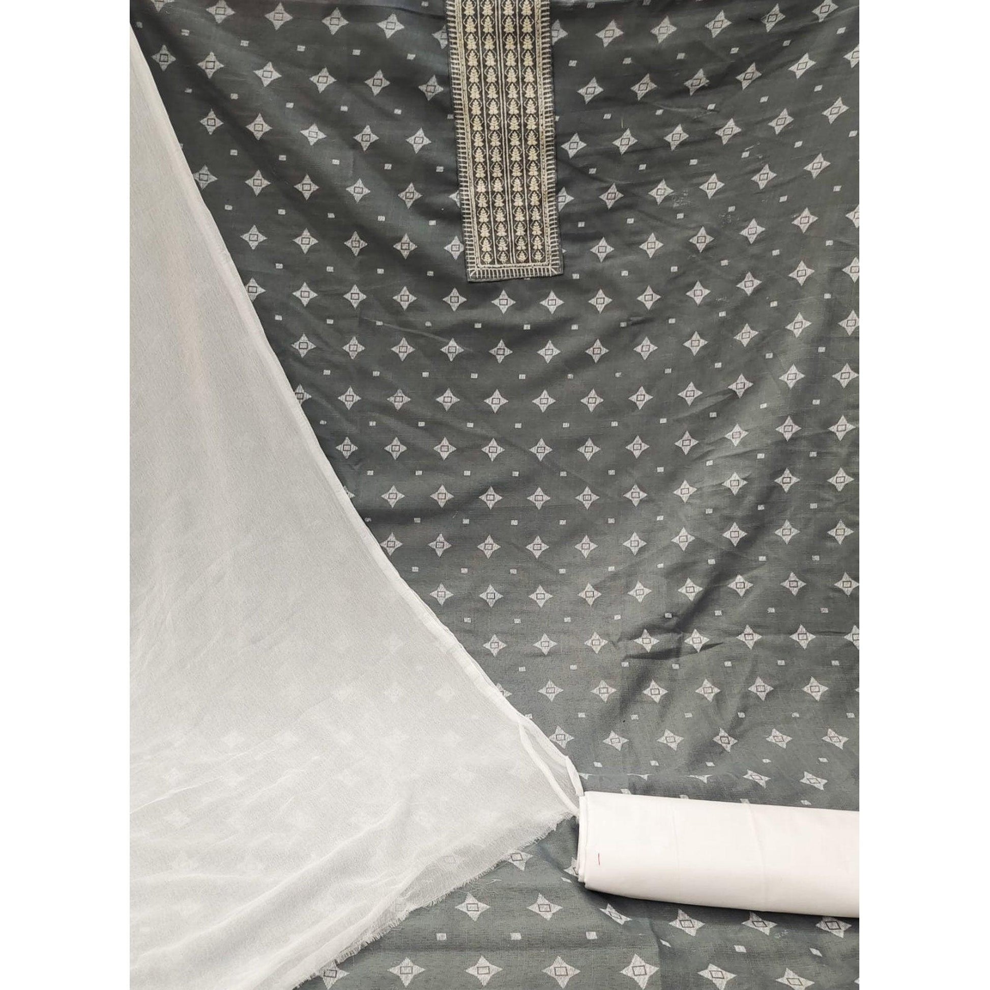 Grey Printed With Embroidered Cotton Blend Dress Material