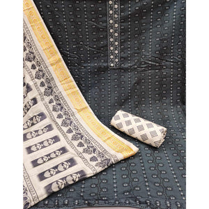 Grey Printed With Embroidered Cotton Blend Dress Material
