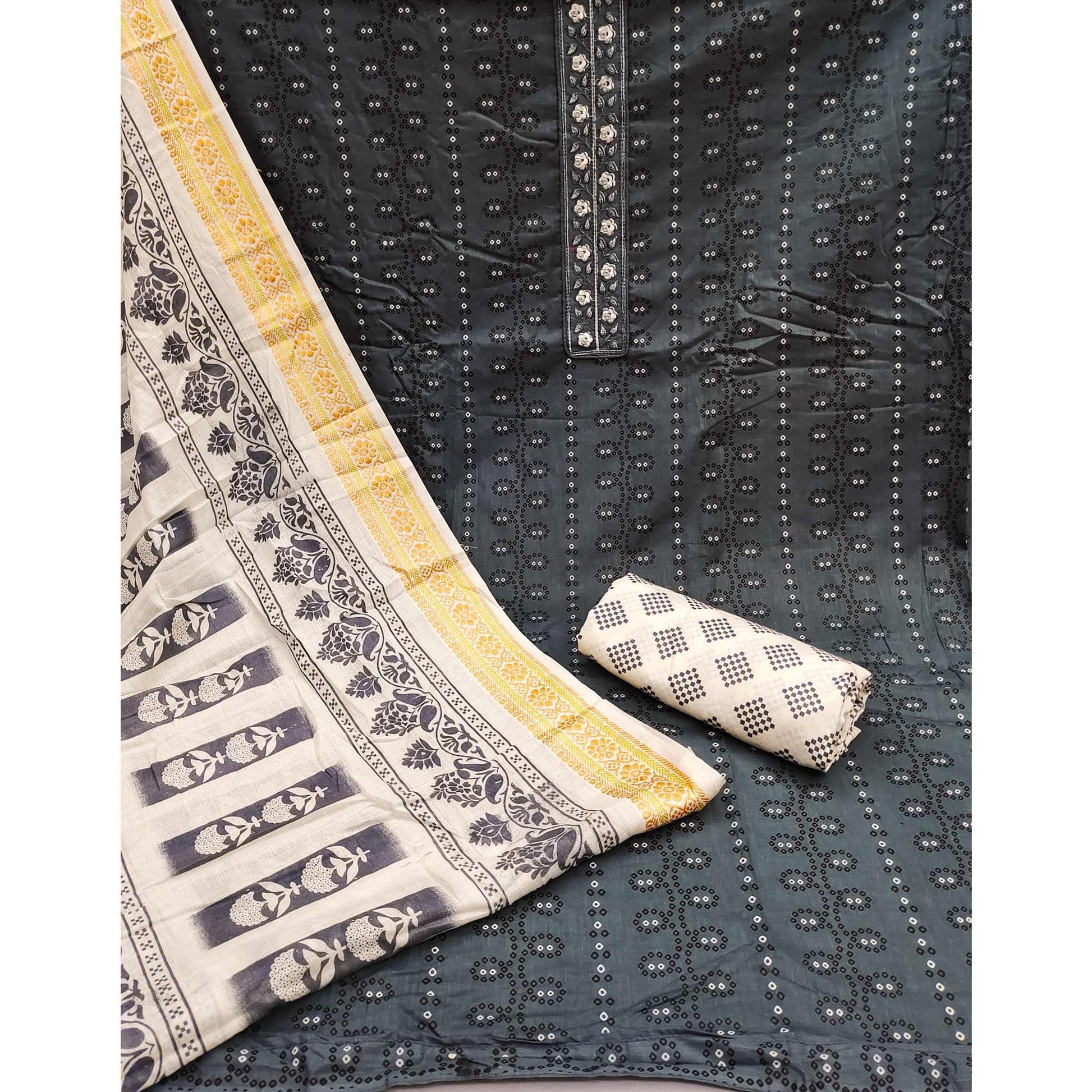 Grey Printed With Embroidered Cotton Blend Dress Material