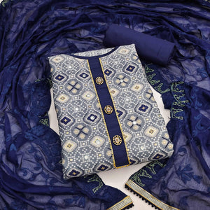 Grey Printed With Embroidered Cotton Blend Dress Material