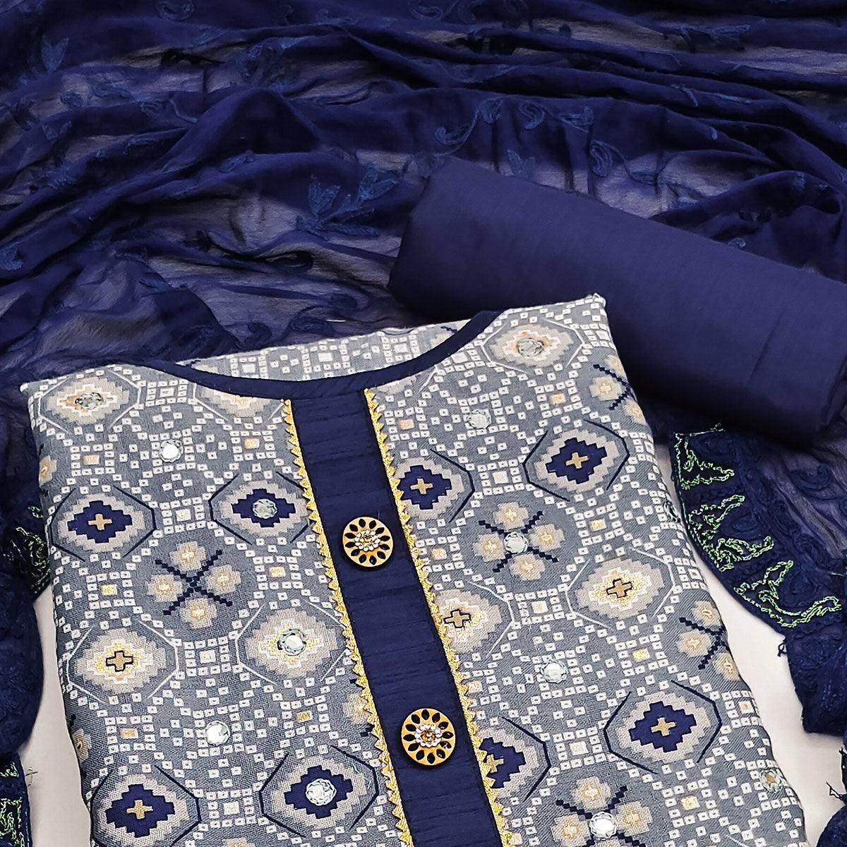Grey Printed With Embroidered Cotton Blend Dress Material