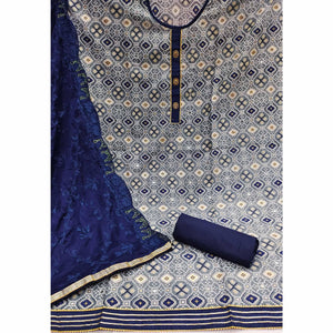 Grey Printed With Embroidered Cotton Blend Dress Material