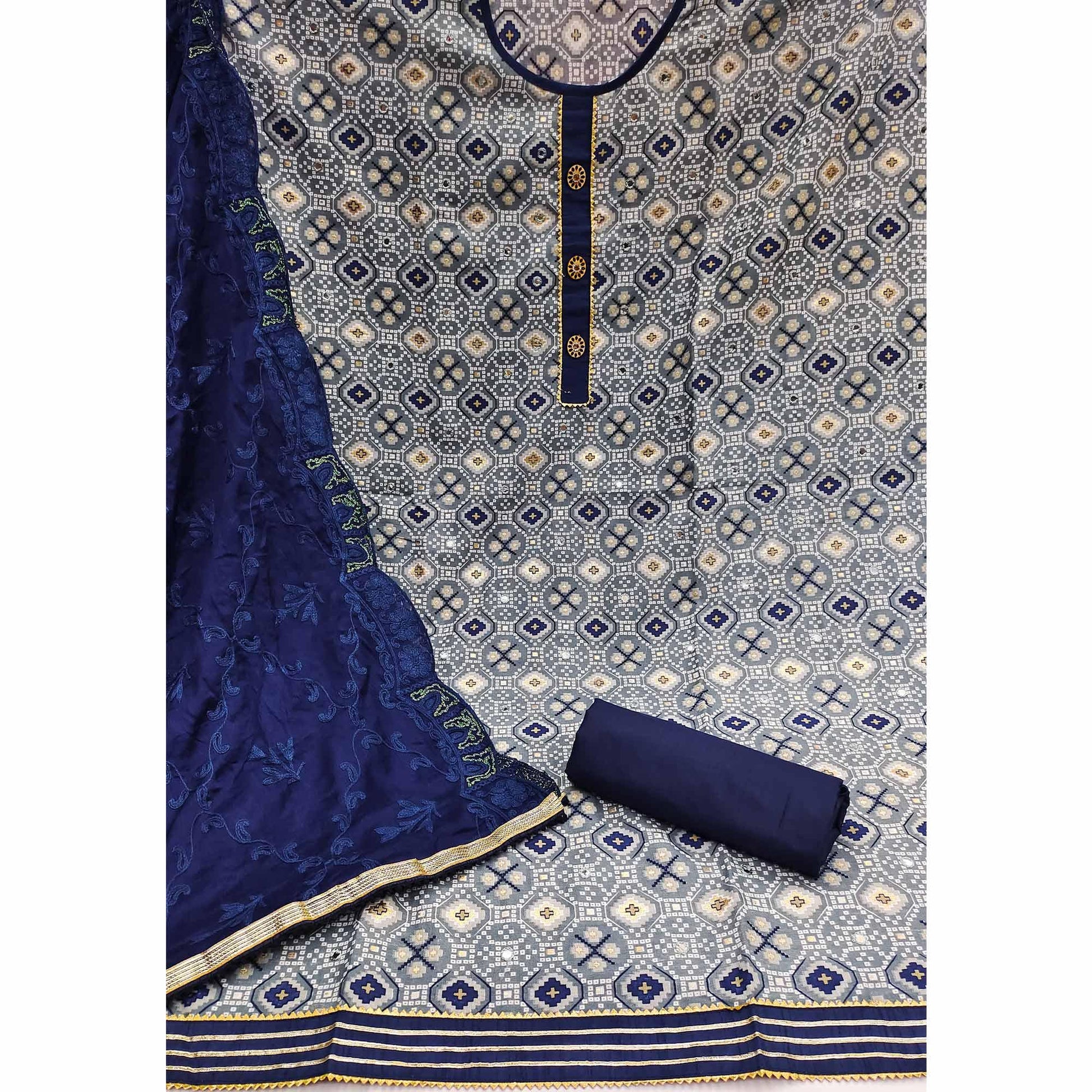 Grey Printed With Embroidered Cotton Blend Dress Material