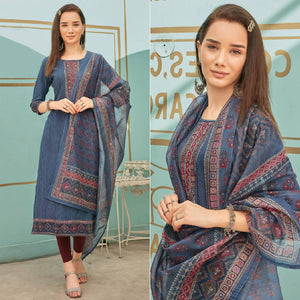 Grey Printed With Embroidery Tapetta Silk Kurti With Dupatta