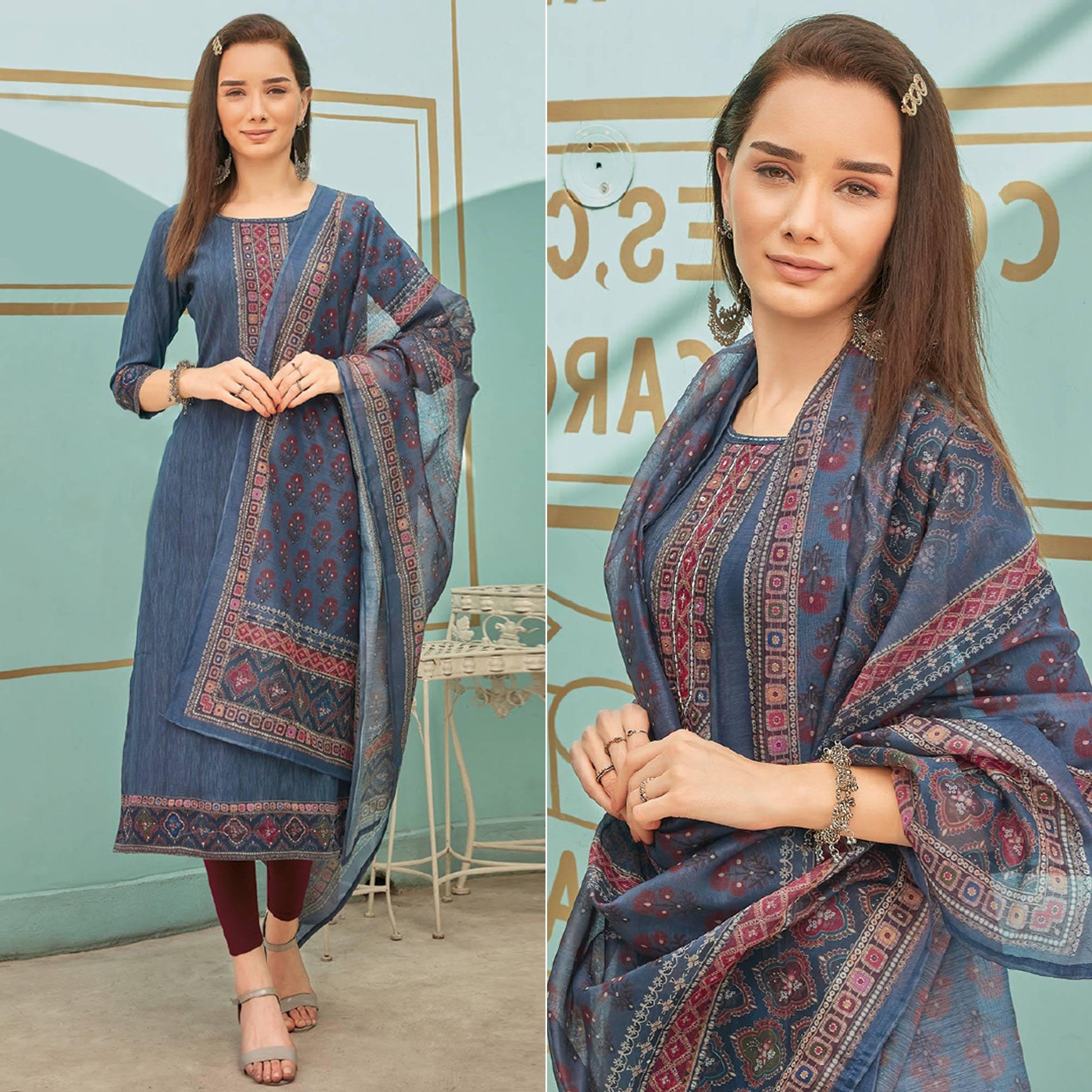 Grey Printed With Embroidery Tapetta Silk Kurti With Dupatta