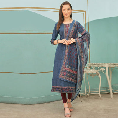 Grey Printed With Embroidery Tapetta Silk Kurti With Dupatta