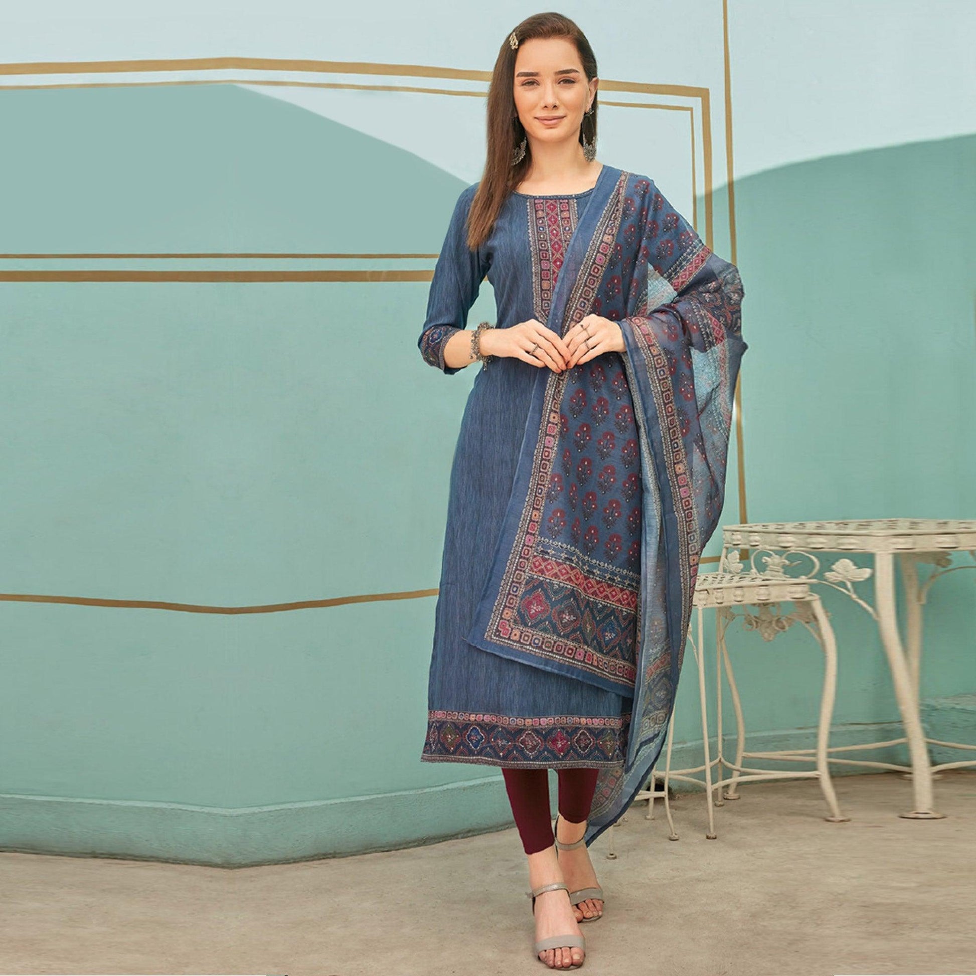 Grey Printed With Embroidery Tapetta Silk Kurti With Dupatta