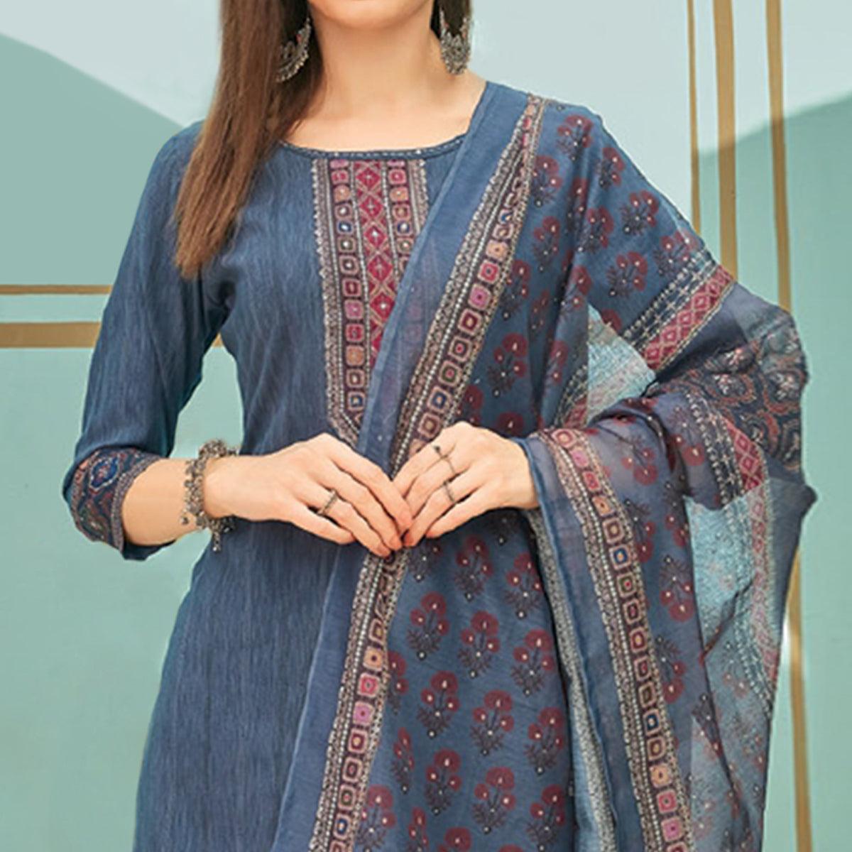 Grey Printed With Embroidery Tapetta Silk Kurti With Dupatta