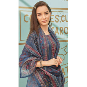 Grey Printed With Embroidery Tapetta Silk Kurti With Dupatta