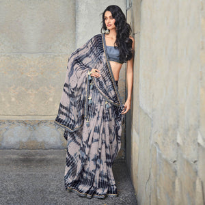Grey Printed With Gota Patti Border Georgette Saree