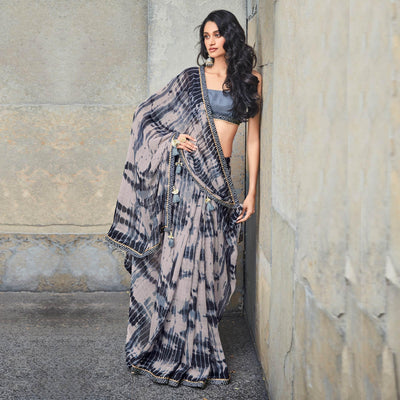 Grey Printed With Gota Patti Border Georgette Saree