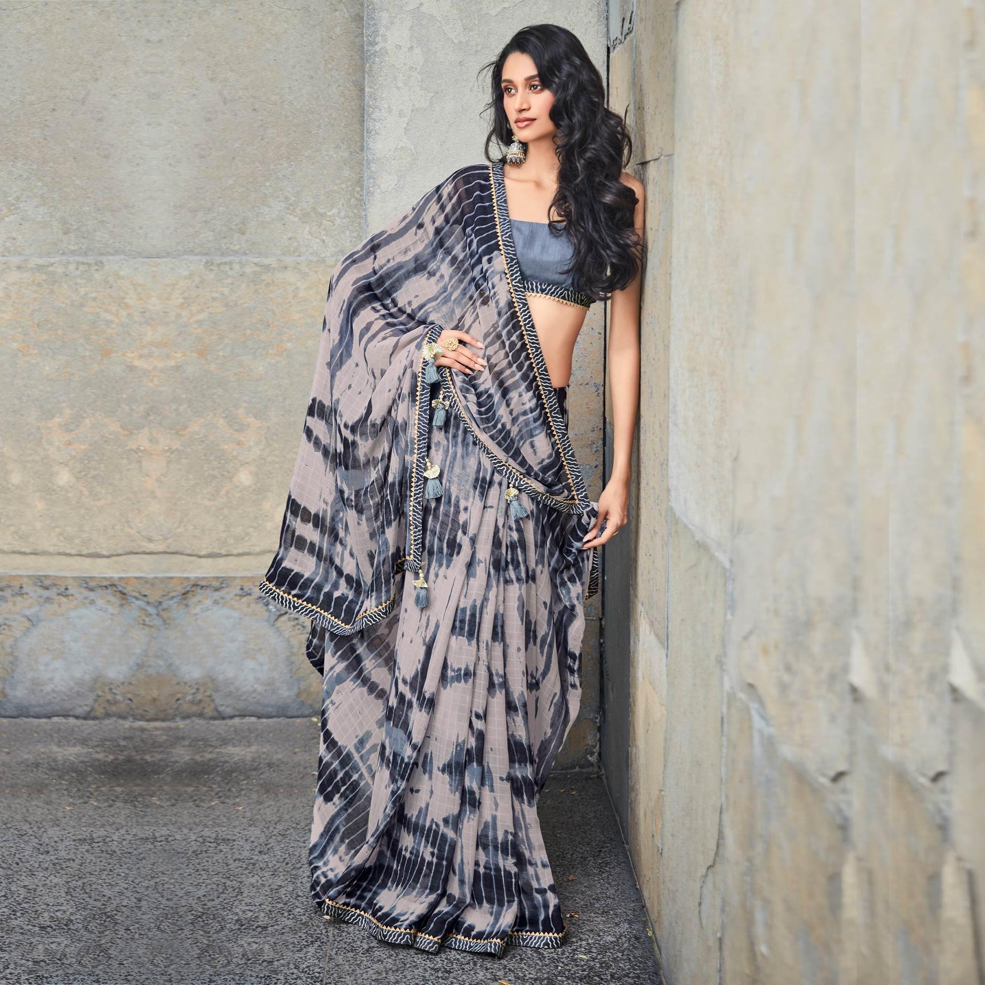 Grey Printed With Gota Patti Border Georgette Saree
