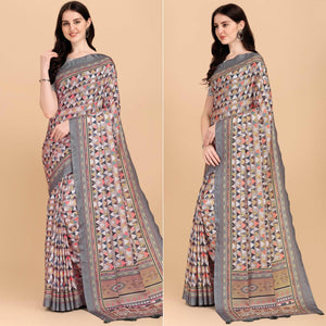 Grey Printed With Sequins Embroidered Cotton Silk Saree