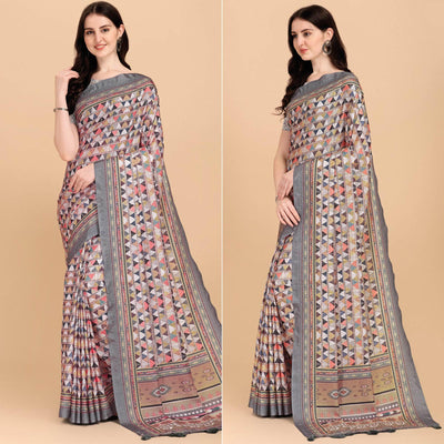 Grey Printed With Sequins Embroidered Cotton Silk Saree